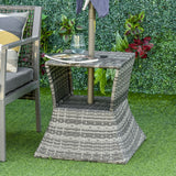 Outsunny Rattan Tea Bistro Side Table with Umbrella Hole, 2-Tier Storage Shelf, Gray, for Patio & Backyard