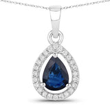 0.91 Carat Genuine Blue Sapphire and White Diamond 14K White Gold Pendant