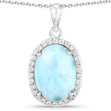 13.55 Carat Genuine Larimar and White Topaz .925 Sterling Silver Pendant