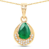 0.89 Carat Genuine Zambian Emerald and White Diamond 14K Yellow Gold Pendant