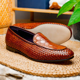 11-620-CGN PALIO Genuine Crocodile and Calfskin Basketweave Slip On, Cognac