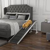 PawHut Pet Ramp for Dogs Non-slip Carpet Top Platform Pine Wood 74"L x 16"W x 25"H, Grey, White
