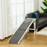 PawHut Pet Ramp for Dogs Non-slip Carpet Top Platform Pine Wood 74"L x 16"W x 25"H, Grey, White