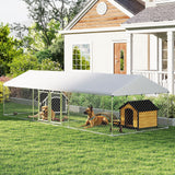 PawHut Two Room Outdoor Dog Kennel, Dog Run with Roof, Waterproof UV-Resistant Cover, Secure Lock, 19.7' x 7.5' x 5.2'