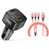 PBG Black 4 Port Car Charger and 4FT - 3 in 1 Nylon Cable Combo