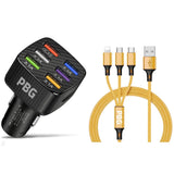 PBG Black LED 6 Port Car Charger and 4FT- 3 In 1 Cable Combo
