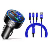 PBG LED 4 Port Car Charger Voltage Display and 3-in-1 Cable Bundle