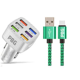PBG LED 6-Port Car Charger and 10FT XL Zebra Lightning Cable Combo