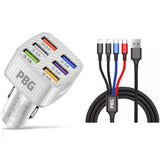 PBG LED 6-Port Car Charger and 4 in 1 Nylon Charging Cable Bundle