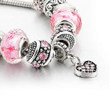 Pink Crystal Love Heart Bead Glass Charm Bracelet with Extender