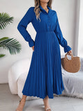 Pleated Half Button Long Sleeve Midi Dress