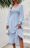 PRETTYGARDEN Women's Fall Dresses 2025 Long Sleeve V Neck Swiss Dot Empire Waist Chiffon Dress Ruffle Smocked Midi Dresses
