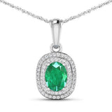 1.50 Carat Genuine Zambian Emerald and White Diamond 14K White Gold Pendant