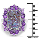 5.97 Carat Genuine Drusy Quartz and Amethyst .925 Sterling Silver Ring