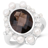 5.75 Carat Genuine Smoky Quartz and Pearl .925 Sterling Silver Ring