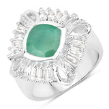 "2.57 Carat Genuine Emerald, White Topaz and White Diamond .925 Sterling Silver Ring