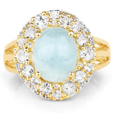 14K Yellow Gold Plated 6.72 Carat Genuine Aquamarine and White Topaz .925 Sterling Silver Ring