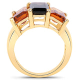 14K Yellow Gold Plated 8.14 Carat Genuine Smoky Quartz, Citrine and Champagne Quartz .925 Sterling Silver Ring