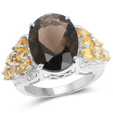 9.74 Carat Genuine Smoky Quartz, Citrine & White Topaz .925 Sterling Silver Ring