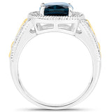 3.59 Carat Genuine London Blue Topaz and White Diamond 14K Yellow Gold with .925 Sterling Silver Ring