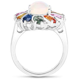 3.92 Carat Genuine Ethiopian Opal, Multi Sapphire and White Diamond .925 Sterling Silver Ring