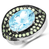 7.39 Carat Genuine Blue Topaz and Peridot .925 Sterling Silver Ring