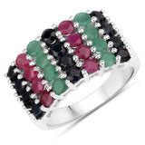 "3.40 Carat Genuine Emerald, Ruby and Black Sapphire .925 Sterling Silver Ring