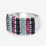 "3.40 Carat Genuine Emerald, Ruby and Black Sapphire .925 Sterling Silver Ring
