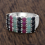 "3.40 Carat Genuine Emerald, Ruby and Black Sapphire .925 Sterling Silver Ring