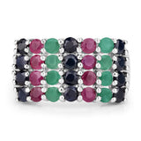 "3.40 Carat Genuine Emerald, Ruby and Black Sapphire .925 Sterling Silver Ring