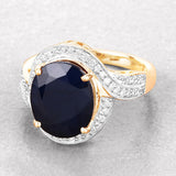 6.52 Carat Genuine Blue Sapphire and White Diamond 14K Yellow Gold Ring