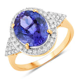 4.13 Carat Genuine Tanzanite and White Diamond 14K Yellow Gold Ring
