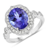 3.85 Carat Genuine Tanzanite and White Diamond 14K White Gold Ring