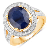 4.74 Carat Genuine Blue Sapphire and White Diamond 14K Yellow Gold Ring