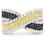 14K Yellow Gold Plated 1.58 Carat Genuine Black Diamond, White Diamond & Yellow Diamond .925 Sterling Silver Ring
