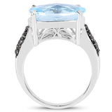 3.96 Carat Genuine Baby Swiss Blue Topaz and Black Diamond .925 Sterling Silver Ring