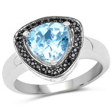 2.06 Carat Genuine Swiss Blue Topaz and Black Diamond .925 Sterling Silver Ring