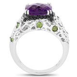 3.27 Carat Genuine Amethyst, Chrome Diopside & Black Diamond .925 Sterling Silver Ring