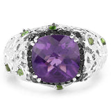 3.27 Carat Genuine Amethyst, Chrome Diopside & Black Diamond .925 Sterling Silver Ring