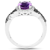 1.64 Carat Genuine Amethyst, Black Diamond & White Diamond .925 Sterling Silver Ring