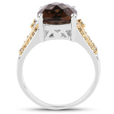 4.87 Carat Genuine Smoky Quartz and Yellow Diamond .925 Sterling Silver Ring