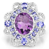 3.13 Carat Genuine Amethyst and Tanzanite .925 Sterling Silver Ring