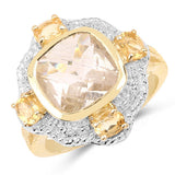 14K Yellow Gold Plated 4.07 Carat Genuine Golden Rutile and Citrine .925 Sterling Silver Ring