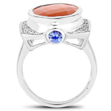5.99 Carat Genuine Peach Moonstone, Tanzanite and White Topaz .925 Sterling Silver Ring
