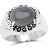 5.68 Carat Genuine Grey Moonstone & Black Spinel .925 Sterling Silver Ring