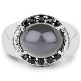 5.68 Carat Genuine Grey Moonstone & Black Spinel .925 Sterling Silver Ring