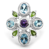 5.13 Carat Genuine Amethyst , Blue Topaz & Peridot .925 Sterling Silver Ring