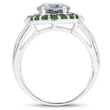 3.92 Carat Genuine Rainbow Quartz and Chrome Diopside .925 Sterling Silver Ring