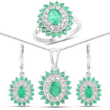 6.53 Carat Genuine Zambian Emerald and White Topaz .925 Sterling Silver 3 Piece Jewelry Set (Ring, Earrings, and Pendant w/ Chain)