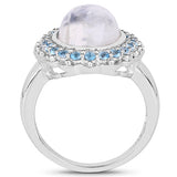 7.21 Carat Genuine White Rainbow Moonstone & Swiss Blue Topaz .925 Sterling Silver Ring